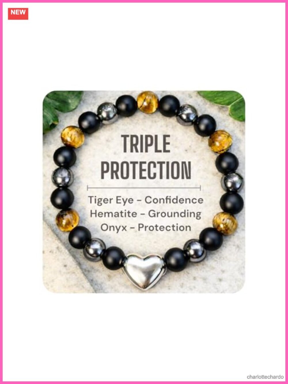 Tiger Eye Black Tourmaline Hematite Stretch Bracelet Heart Charm